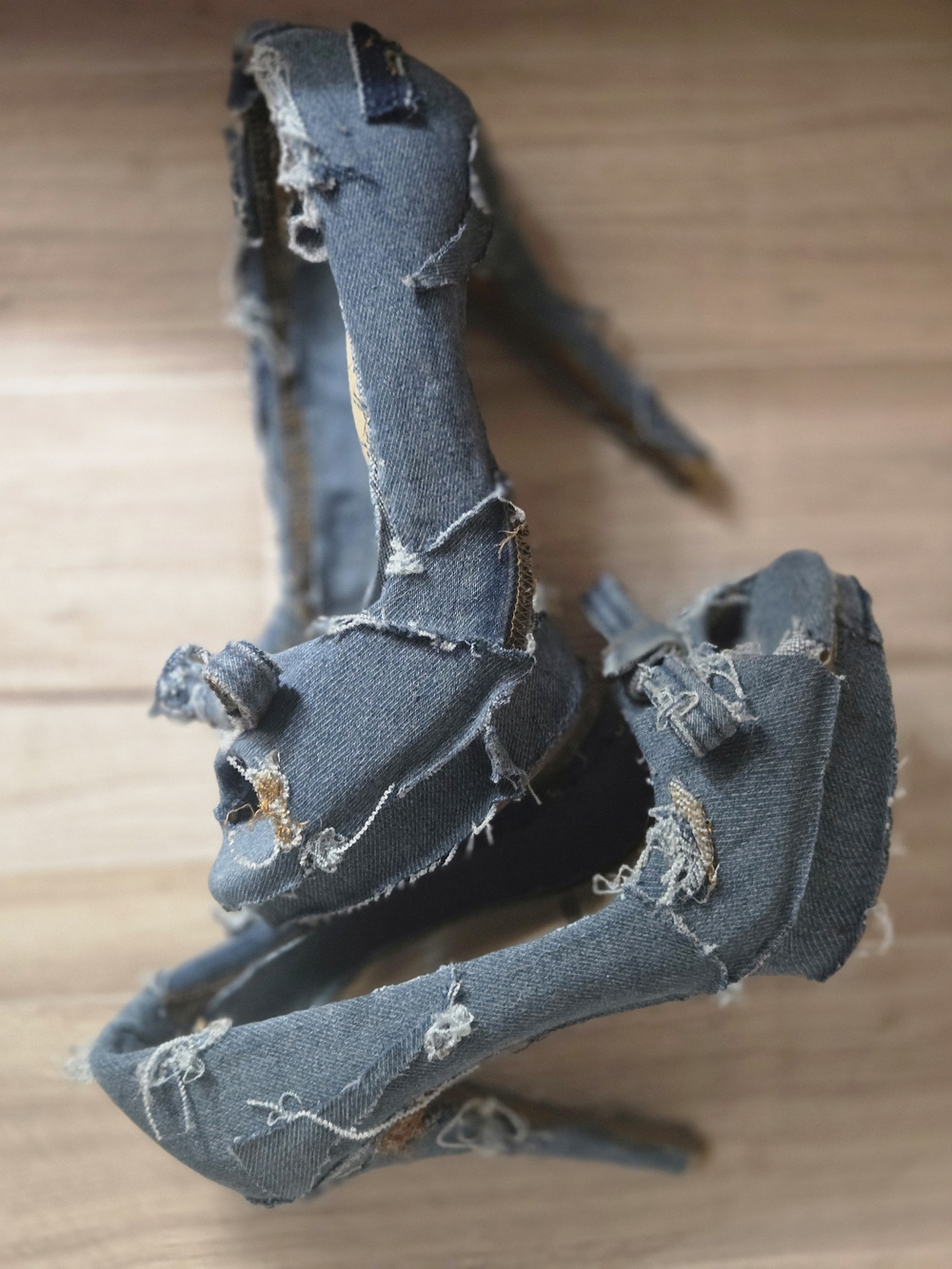 Denim Distressed Platform Stiletto Heels - Blue